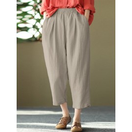 Women Solid Pocket Elastic Waist Casual Harem Pants