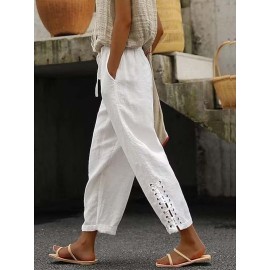 Women Cotton Lace Up Cuff Plain Drawstring Cropped Pants