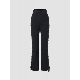 Solid Two Sides Lace Up Hollow Zip Front Pants