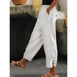 Women Solid Side Split Button Cuff Cotton Cropped Pants