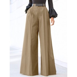 Women Solid Pleated High Waist Casual Wide Leg Pants