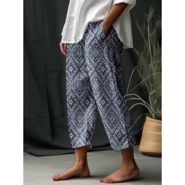 Women Vintage Argyle Print Vacation Cropped Pants With Pocket