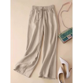 Women Solid Drawstring Waist Cotton Casual Straight Pants