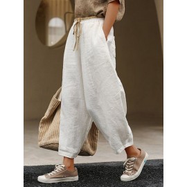 Women Plain Texture Contrast Drawstring Waist Cotton Pants