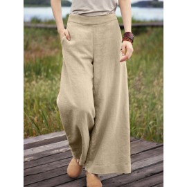 Women Solid Color Cotton Casual Wide Leg Pants