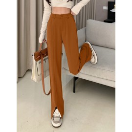 Solid High Waist Pocket Double Slit Hem Tailored Pants