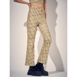 Check Print Tie Waist Hollow Bootcut Leg Pants