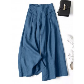 Women Plain Casual Cotton Wide Leg Pants With Pocket