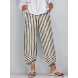 Women Striped Irregular Cuff Casual Cropped Pants