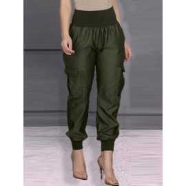 Women Solid High Waist Casual Cargo Pants With Pocket