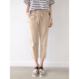 Leisure Solid Drawstring Pocket Cotton Pants