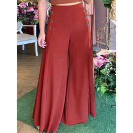 Women Solid Side Button Design Casual Wide Leg Pants