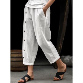 Women Solid Button Design Cotton Casual Cropped Pants