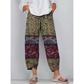 Women Allover Floral Print Patchwork Irregular Cuff Cropped Pants