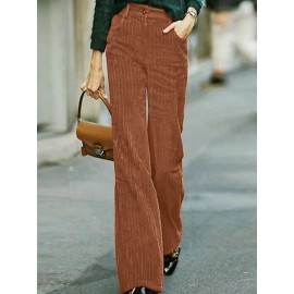 Women Solid Corduroy Casual Straight Pants With Pocket