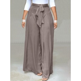 Women Solid Tie Waist Casual Wide Leg Pants With Pocket