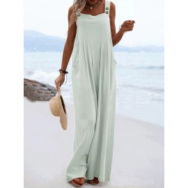 Solid Pocket Sleeveless Square Collar Wide Leg Jumpsuit