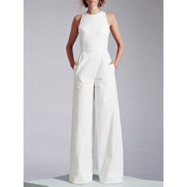 Women Solid Crew Neck Sleeveless Wide Leg Jumpsuit