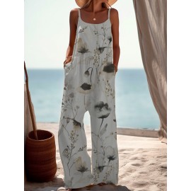 Women Watercolor Floral Plant Print Spaghetti Strap Jumpsuit