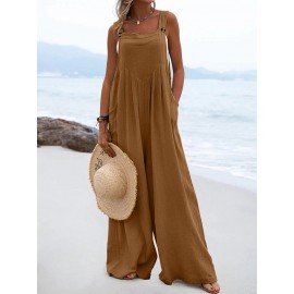 Women Solid Cotton Wide Leg Loose Jumpsuit With Pocket