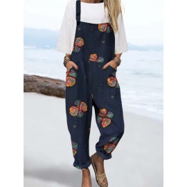 Women Colorful Floral Print Cotton Overall Jumpsuit With Pocket