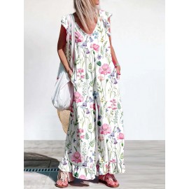 Women Floral Plant Print V-Neck Ruffle Sleeveless Jumpsuit