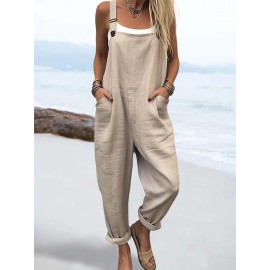 Women Solid Color Double Pocket Casual Overall Jumpsuit