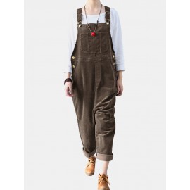 Solid Color Button Pockets Sleeveless Corduroy Jumpsuits