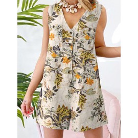 Plant Print Pocket Button Sleeveless V Neck Casual Cotton Romper