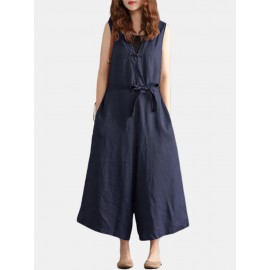 Women V-neck Belted Flare  Overalls Jumpsuits