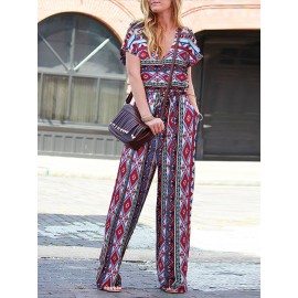 Women Bohemian Geometric Print V-Neck Short Sleeve Jumpsuit