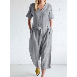 Women Solid V-Neck Cotton Short Sleeve Belted Jumpsuit