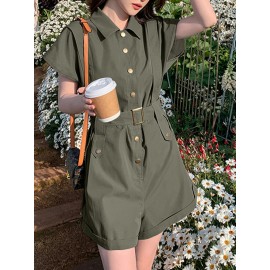 Solid Belt Button Front Pocket Short Sleeve Lapel Cargo Romper