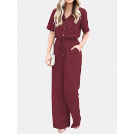 Solid Color Lapel Collar Button Short Sleeve Jumpsuit With Pocket