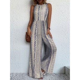 Women Geometric Print Crew Neck Sleeveless Bohemian Wide Leg Jumpsuit