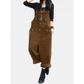 Solid Color Button Pocket Sleeveless Casual Corduroy Jumpsuit for Women