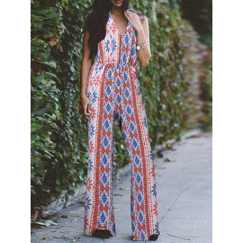 Women Floral Geometric Print V-Neck Bohemian Sleeveless Jumpsuit