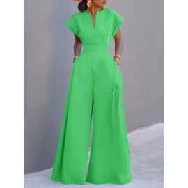 Women Solid Notched Neck Short Sleeve Wide Leg Jumpsuit