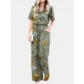 Plant Print Pocket Button Drawstring Casual Cotton Jumpsuit