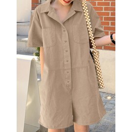 Women Solid Lapel Double Pocket Button Front Casual Jumpsuit