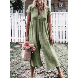 Solid Color Button Casual Wide Legs Short Sleeve Jumpsuit