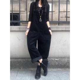 Solid Corduroy Pocket Casual Sleeveless Wide Leg Jumpsuit