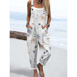 Women Floral Plant Print Double Pocket Overalls Jumpsuit