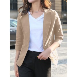 Solid Lapel Pocket Button Front 3/4 Sleeve Blazer