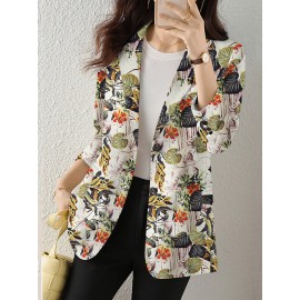 Plants Print Long Sleeve Lapel Blazer For Women