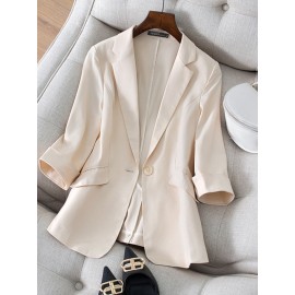 Solid Pocket 3/4 Sleeve Lapel Blazer For Women