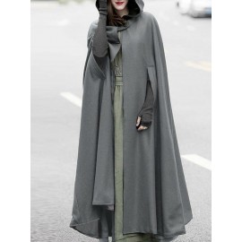 Women Solid Color Button Design Hooded Cloak Coat