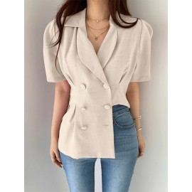 Women Double Breasted Puff Sleeve Solid Lapel Blazer