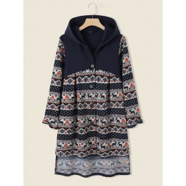 Elk Floral Pattern Button Hooded Long Sleeve Coat