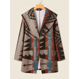 Vintage Geo Print Button Front Long Sleeve Coat